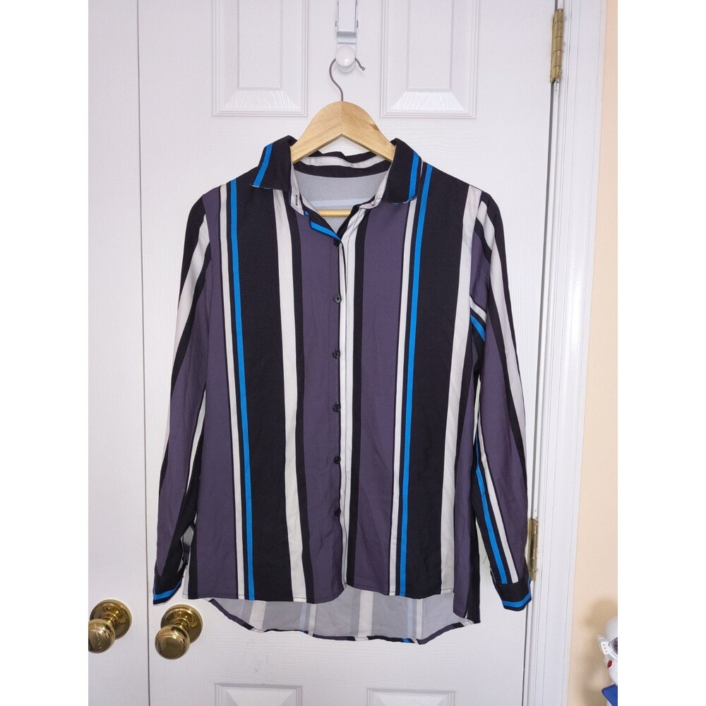 Women's Striped Button Down Blouse Size Small Purple Blue Black Long Sleeve